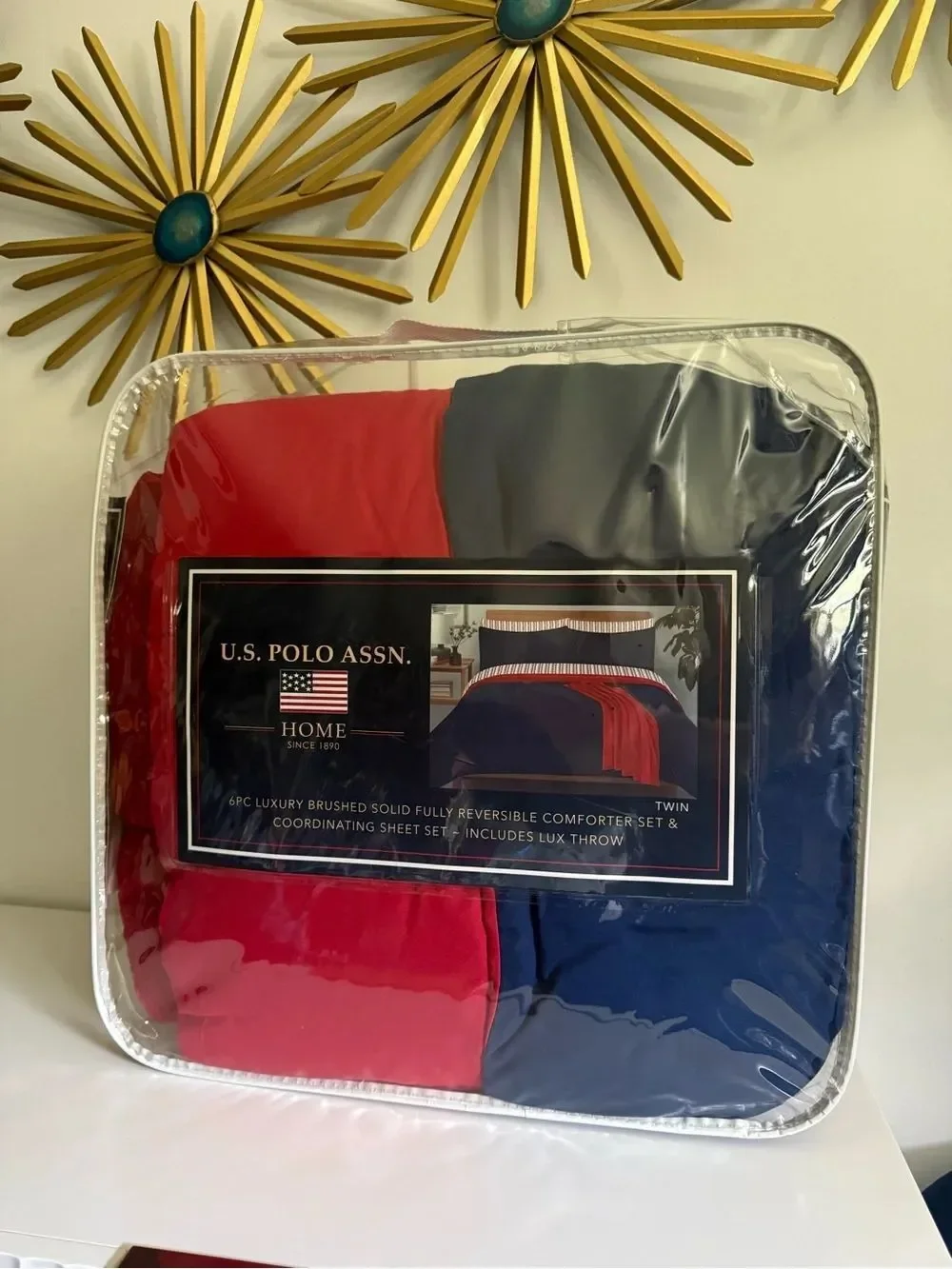 U.S. Polo Assn Home Twin 6Pc Navy Red Reversible Comforter Set Plush Throw NIP